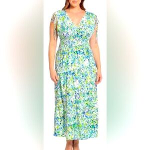 Maggie London Floral Tiered Maxi Dress 16W Blue Wedding Guest Garden Party NEW